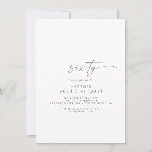 Modern Silver Script 60th Birthday Party Kaart (Voorkant)
