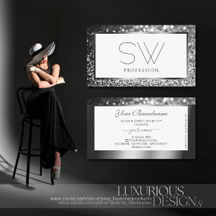 Modern Silver Sparking Glitter op White Monogram Visitekaartje