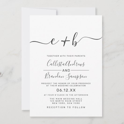 Modern Simple Black and White Monogram Weddenschap Kaart (Voorkant)