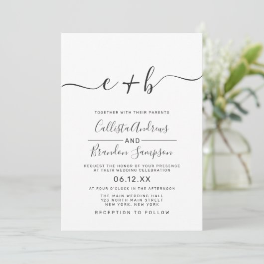 Modern Simple Black and White Monogram Weddenschap Kaart (Staand voorkant)