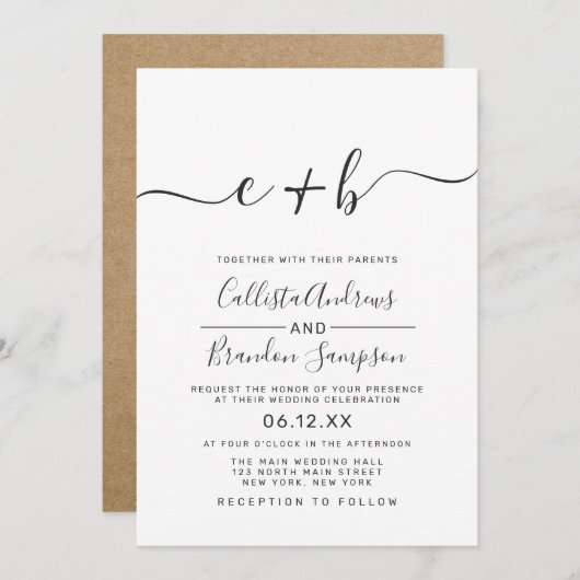 Modern Simple Black and White Monogram Weddenschap Kaart (Voorkant / Achterkant)