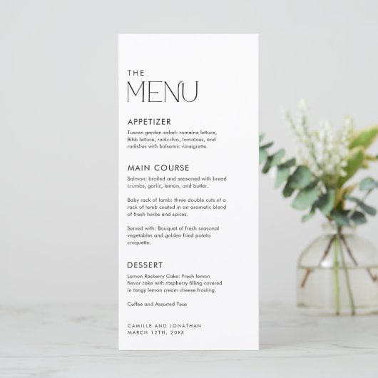 Modern Simple Black and White Wedding Menu (Staand voorkant)