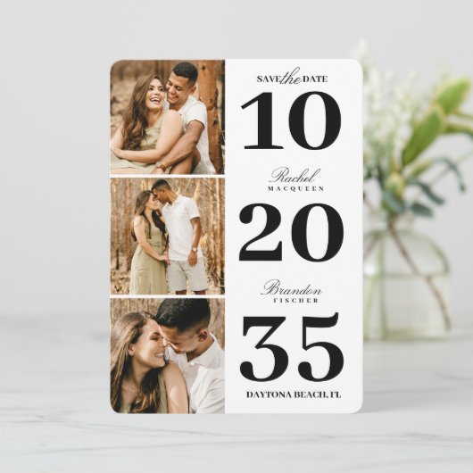 Modern Simple Black White Date Three Photo Wedding Save The Date (Staand voorkant)