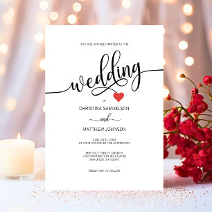 Modern Simple Black, White Red Heart Wedding Kaart