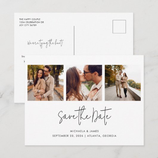 Modern Simple Black White Script 3 Photo Wedding S Aankondigingskaart (Voorkant / Achterkant)