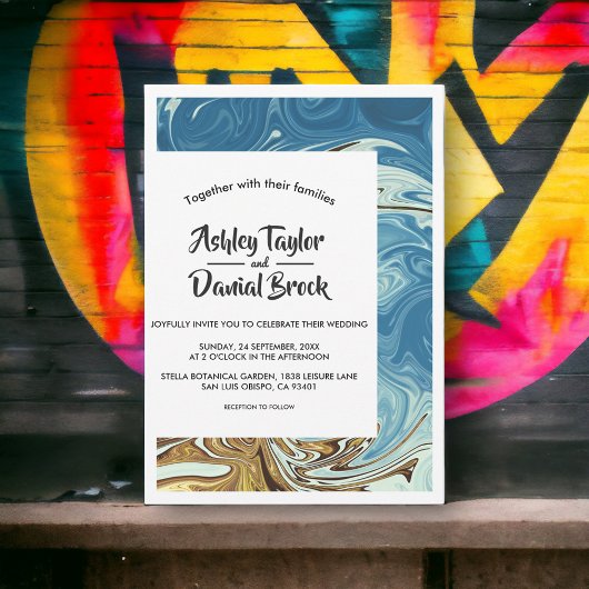 Modern Simple Blue Abstract Art Typography Wedding Kaart