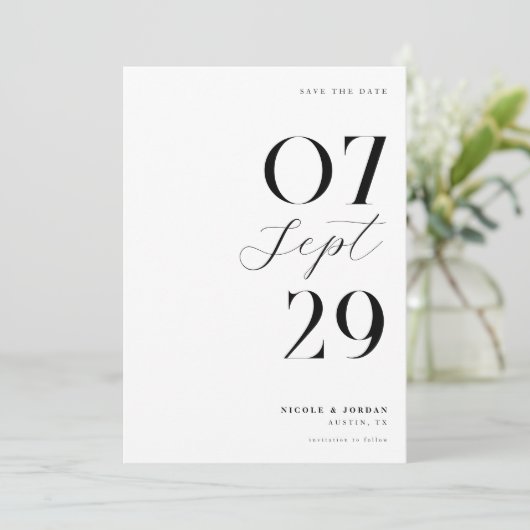Modern Simple Chic Black en White Wedding Save The Date (Staand voorkant)