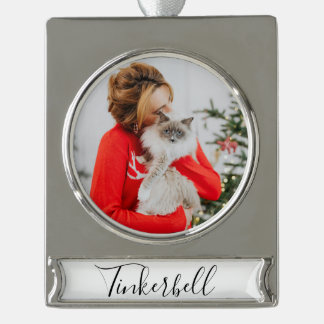 Modern Simple Classic at Name and Pet Photo  Verzilverd Banner Ornament