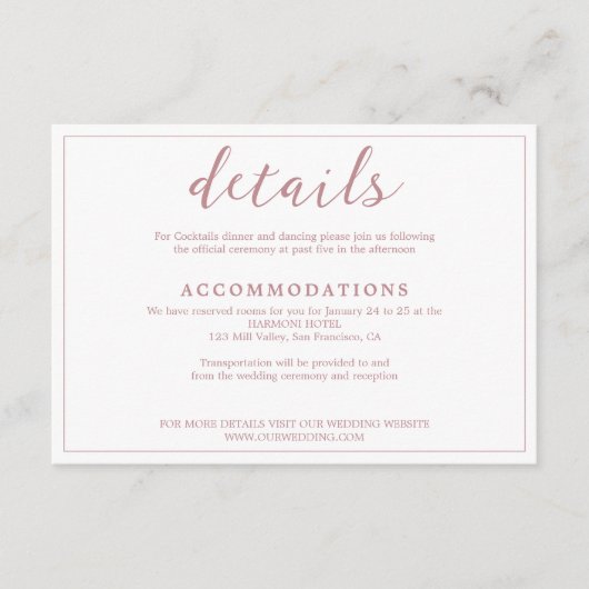 Modern Simple Dusty Roos Script in White Wedding Informatiekaartje (Voorkant)