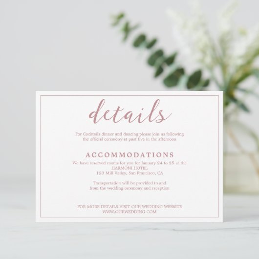 Modern Simple Dusty Roos Script in White Wedding Informatiekaartje (Staand voorkant)