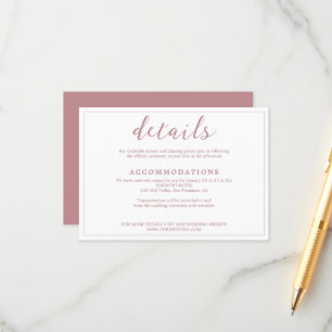 Modern Simple Dusty Roos Script in White Wedding Informatiekaartje