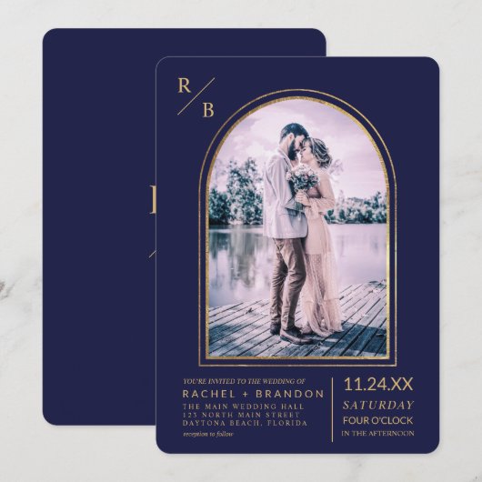 Modern Simple Gold Navy Blue Arch Wedding Kaart (Voorkant / Achterkant)