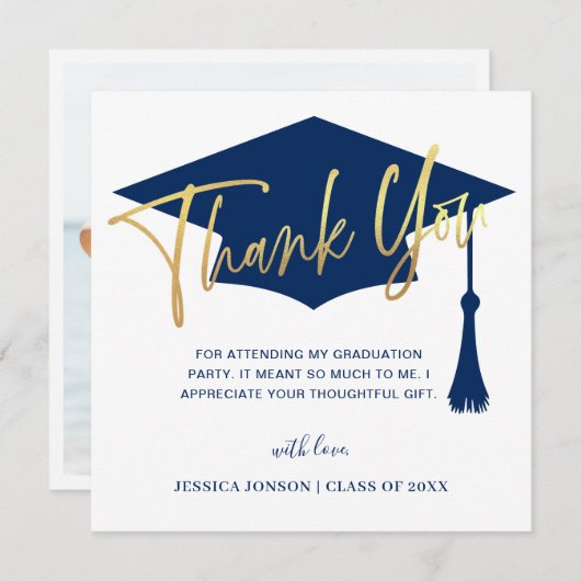 Modern Simple Golden Navy Afstuderen PHOTO Bedankkaart (Voorkant / Achterkant)