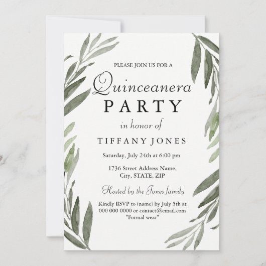 Modern Simple Green Leaf Quinceanera Party nodigt  Kaart (Voorkant)