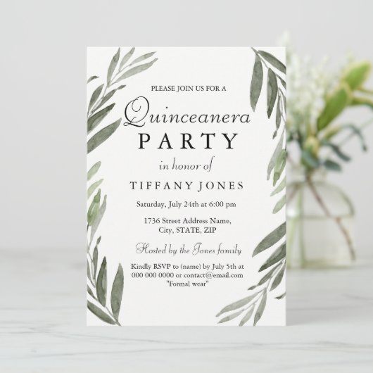 Modern Simple Green Leaf Quinceanera Party nodigt  Kaart (Staand voorkant)