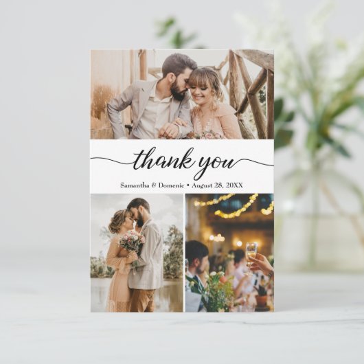 Modern Simple Photo Collage Script Weddenschap Bedankkaart (Staand voorkant)