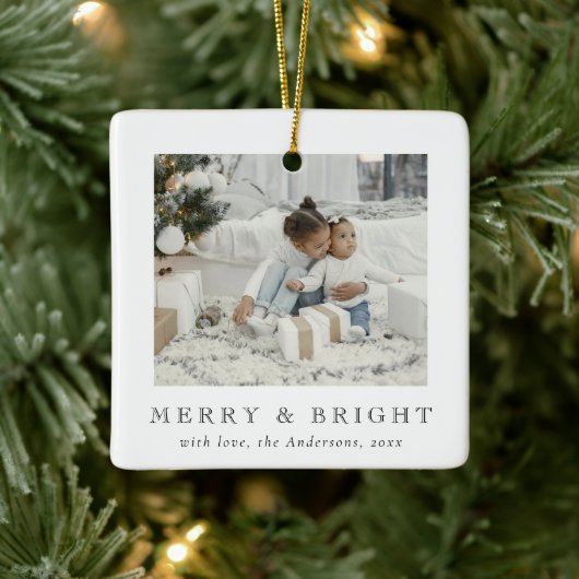 Modern Simple Photo Merry and Bright Christmas Keramisch Ornament (Boom)