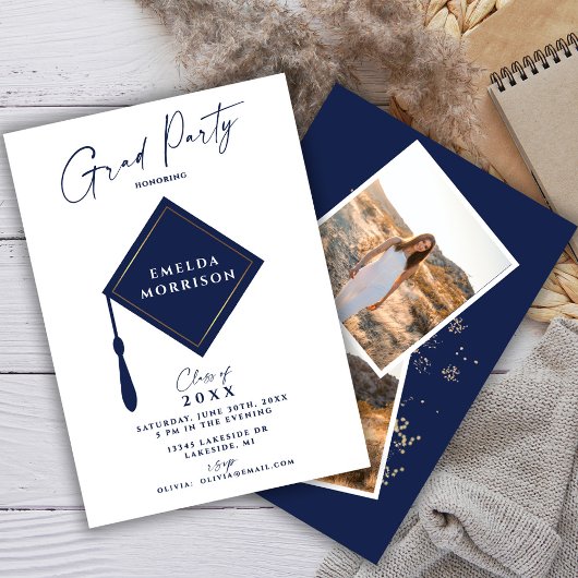 Modern Simple Photo Navy Blue Graduparty Kaart