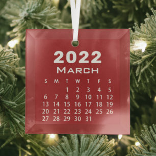 Modern Simple Red March 2022-maandkalender Glas Ornament