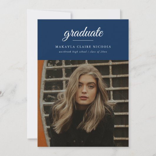 Modern Simple Script Blue Photo Afstuderen Kaart (Voorkant)