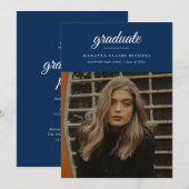 Modern Simple Script Blue Photo Afstuderen Kaart (Voorkant / Achterkant)