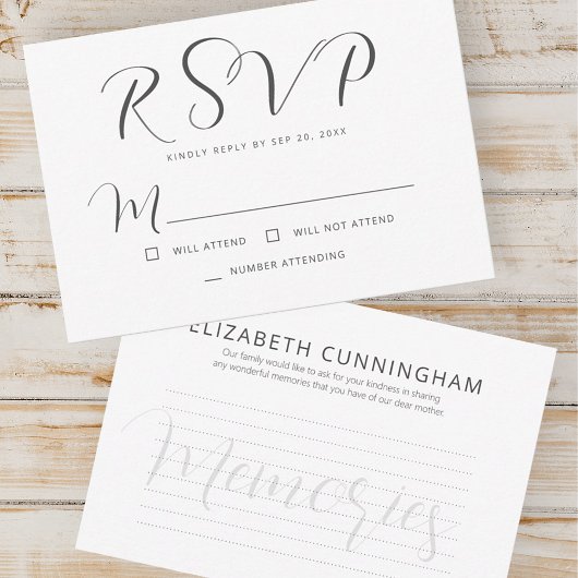 Modern Simple Script Memories Memorial Reply RSVP Kaartje