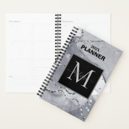 Modern Simple Silver Marbled Monogram Planner