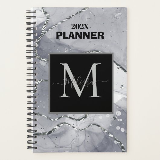 Modern Simple Silver Marbled Monogram Planner (Voorkant)