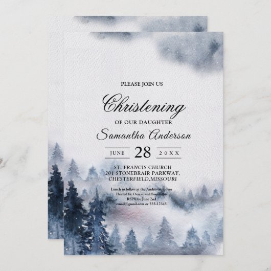 Modern Simple Winter Blue & White Forest Invitatio Kaart (Voorkant / Achterkant)