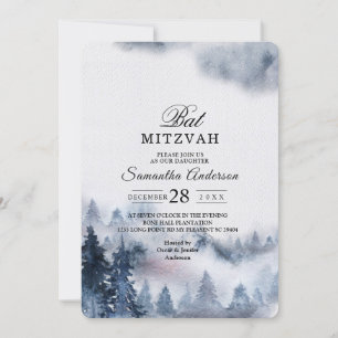 Modern Simple Winter Blue & White Forest Invitatio Kaart