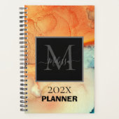 Modern Sinaasappel en Blauw Marmered Monogram Planner (Voorkant)