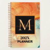 Modern Sinaasappel en Blauw Marmered Monogram Planner (Voorkant)