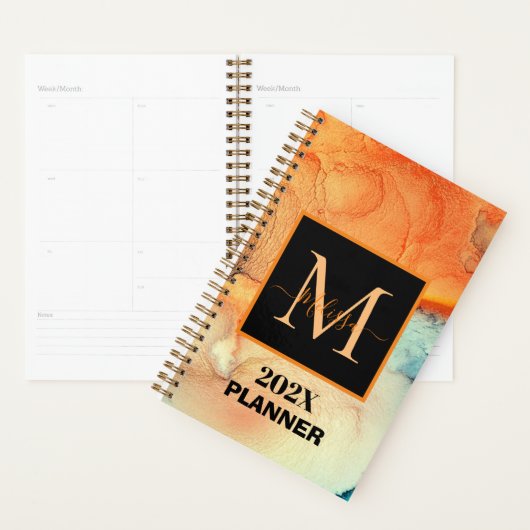 Modern Sinaasappel en Blauw Marmered Monogram Planner (Display)