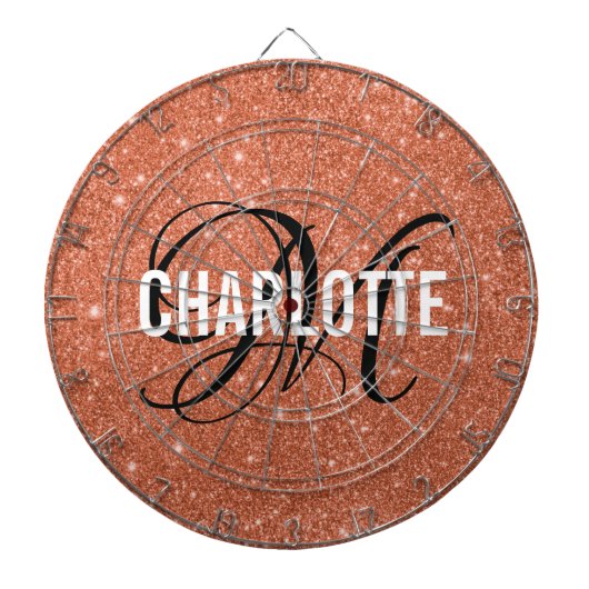 Modern sinaasappel glitter monogram naam dart boar dartbord (Voorkant)