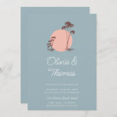 Modern Sketch Palm Trees Dusty Blue Beach Wedding Kaart (Voorkant / Achterkant)