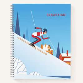 Modern Skiing Winter Ski Cartoon Persoonlijke naam Notitieboek