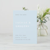 Modern Sky Blue Editorial All Caps Save the Date (Debout devant)