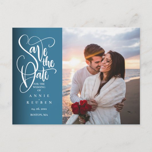 Modern Sla de datum Elegant White Script Photo Aankondigingskaart (Voorkant)