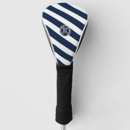Modern Slank Nautical Navy Blauw en Wit Gestreept Golfheadcover
