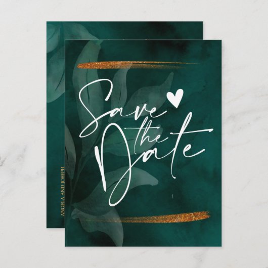 modern smaragdgroen en bladeren Save the Date Anno Aankondigingskaart (Voorkant / Achterkant)