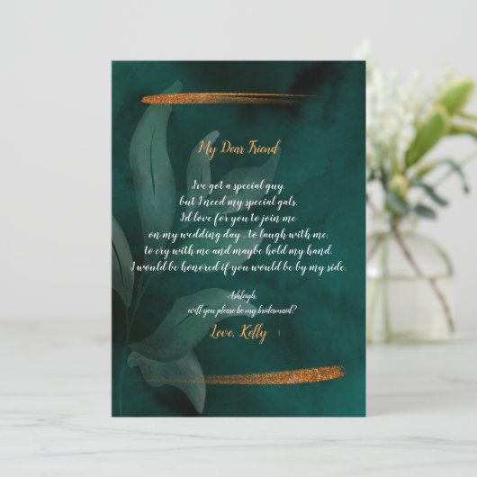 Modern smaragdgroen en verlof zal mijn bruidsmeisj kaart (Staand voorkant)