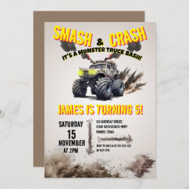 Modern SMASH & CRASH Monster Truck Verjaardagsfees Kaart