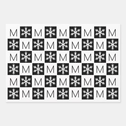 Modern Snowflake Black en White voegen Monogram to Inpakpapier Vel (Voorkant)