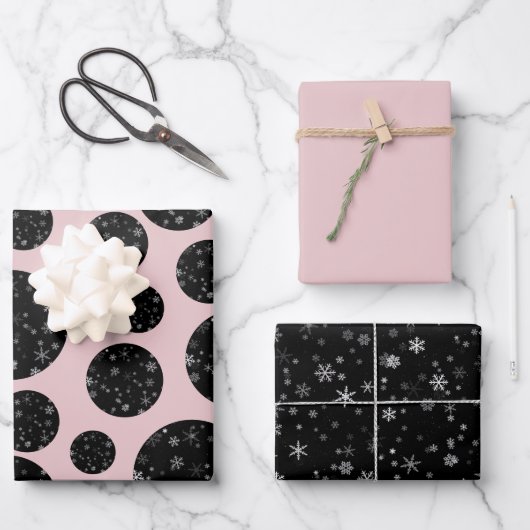Modern Snowflake Black Pink Pattern Kerstmis Inpakpapier Vel (Voorkant)
