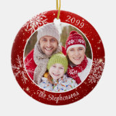 Modern Snowflake Foto Rood, gepersonaliseerd Keramisch Ornament (Voorkant)