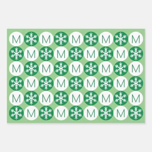 Modern Snowflake Green en White voegen Monogram to Inpakpapier Vel (Voorkant 2)