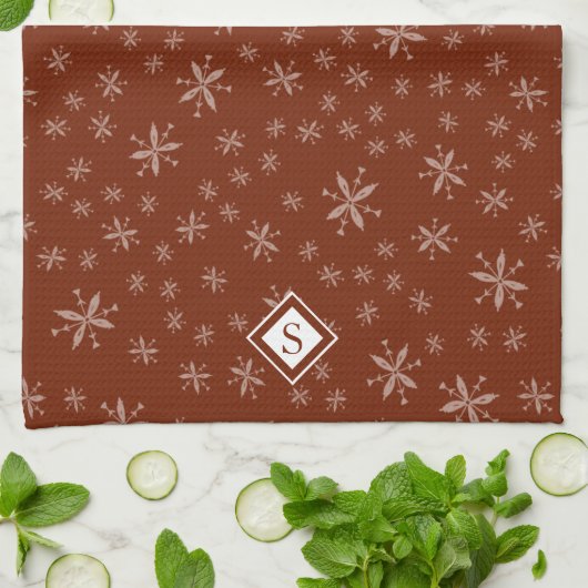 Modern Snowflake Pattern op Red Monogrammed Theedoek (Gevouwen)