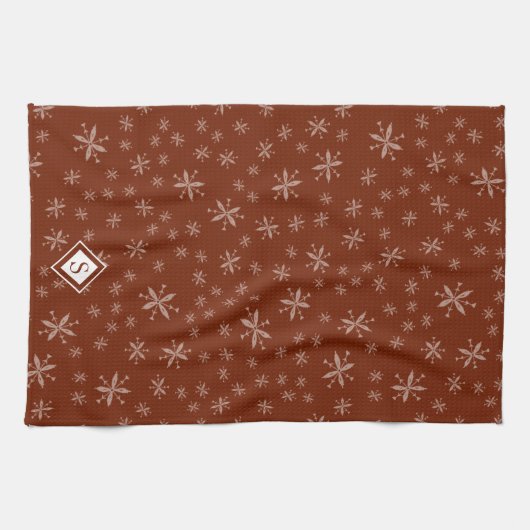 Modern Snowflake Pattern op Red Monogrammed Theedoek (Horizontaal)