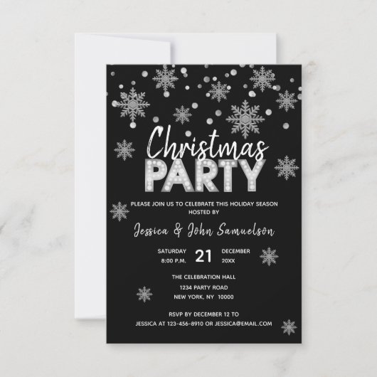 Modern Snowflakes Silver Black CHRISTMAS PARTY Kaart (Voorkant)