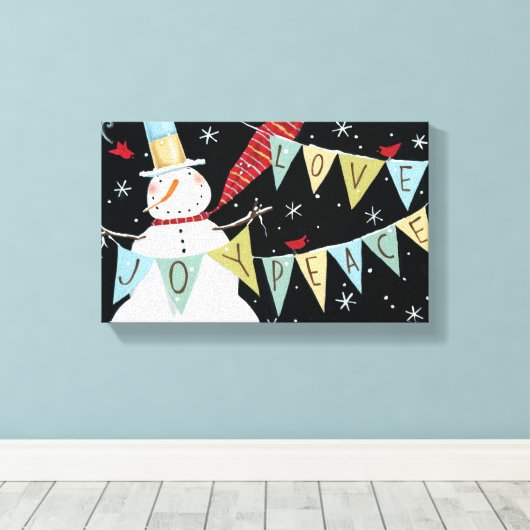 Modern Snowmen Love, Joy, Peace Canvas Afdruk (Insitu (Houten vloer))